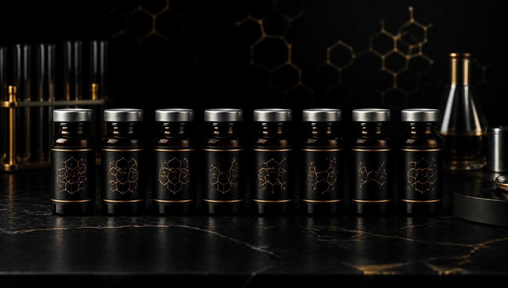 Amber research peptide vials on a black laboratory bench