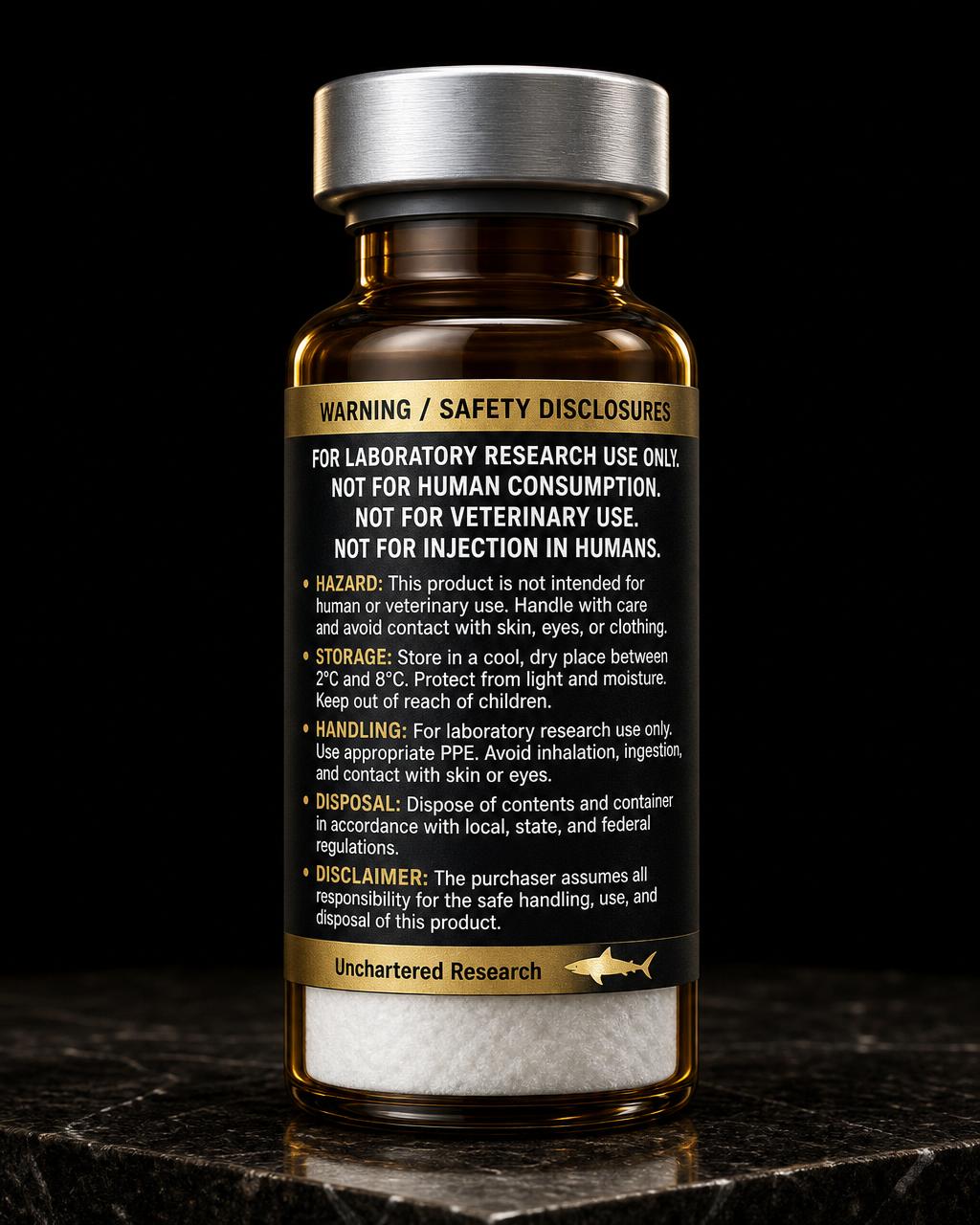 Reverse safety disclosure panel on an Uncharted Research vial